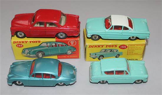 A Dinky 2.5 Litre V8 Daimler No. 146 and three other boxed Dinky cars,
